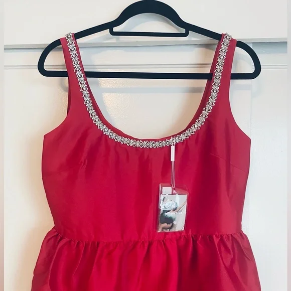 Self-Portrait Red Taffeta Diamante Midi Dress - Size UK 14/ US 10 - Picture 6 of 14